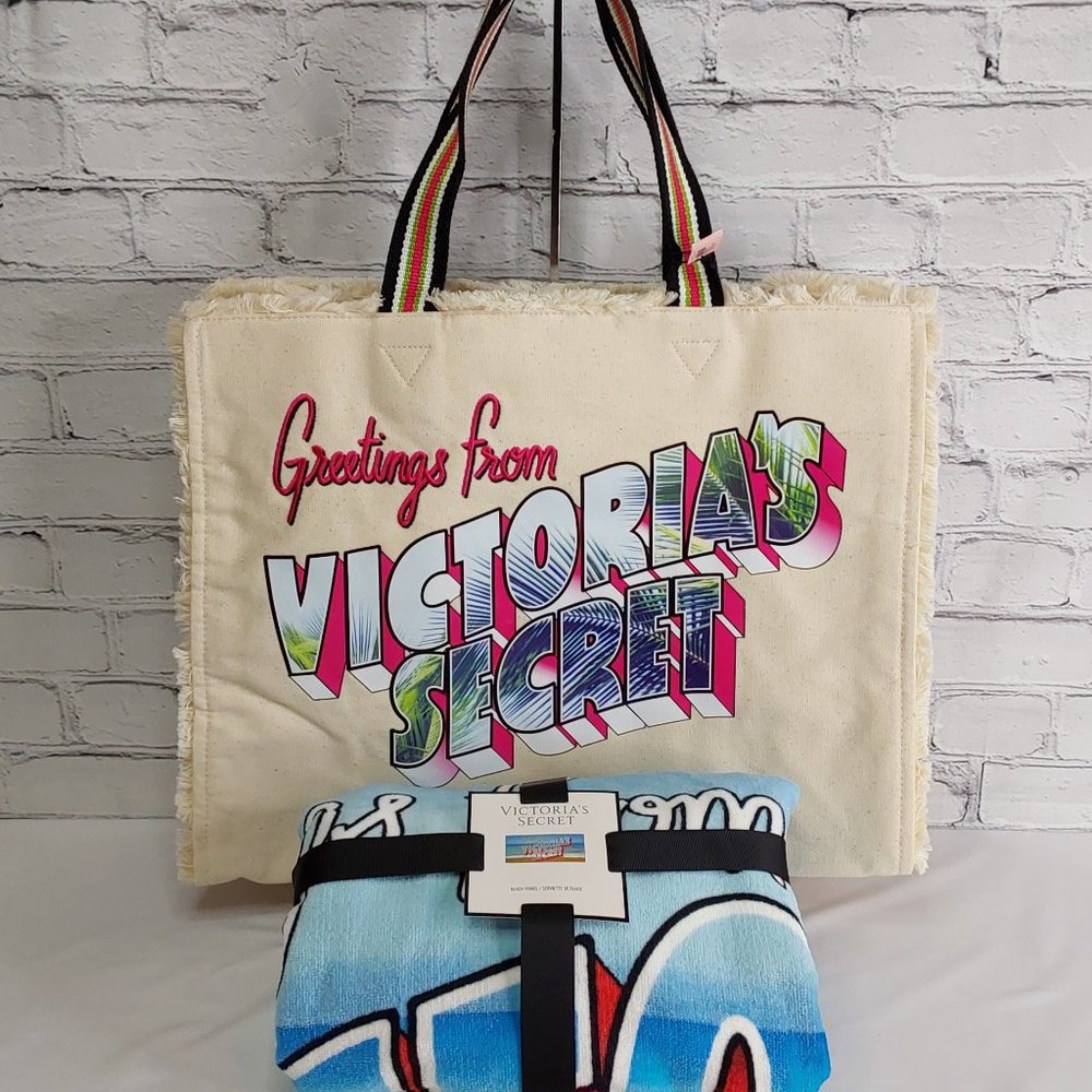 'VICTORIA'S SECRET' LOGO TOTE BAG & BEACH TOWEL 'GREETINGS FROM' 2-PIECE SET